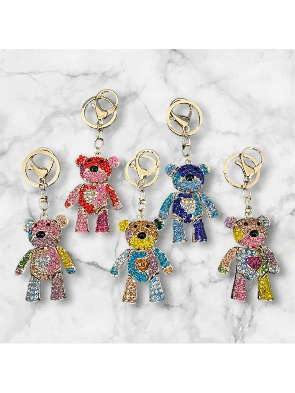 Multicolor Rhinestone Teddy Bear Keychain Charm - Cute Luxury Accessory